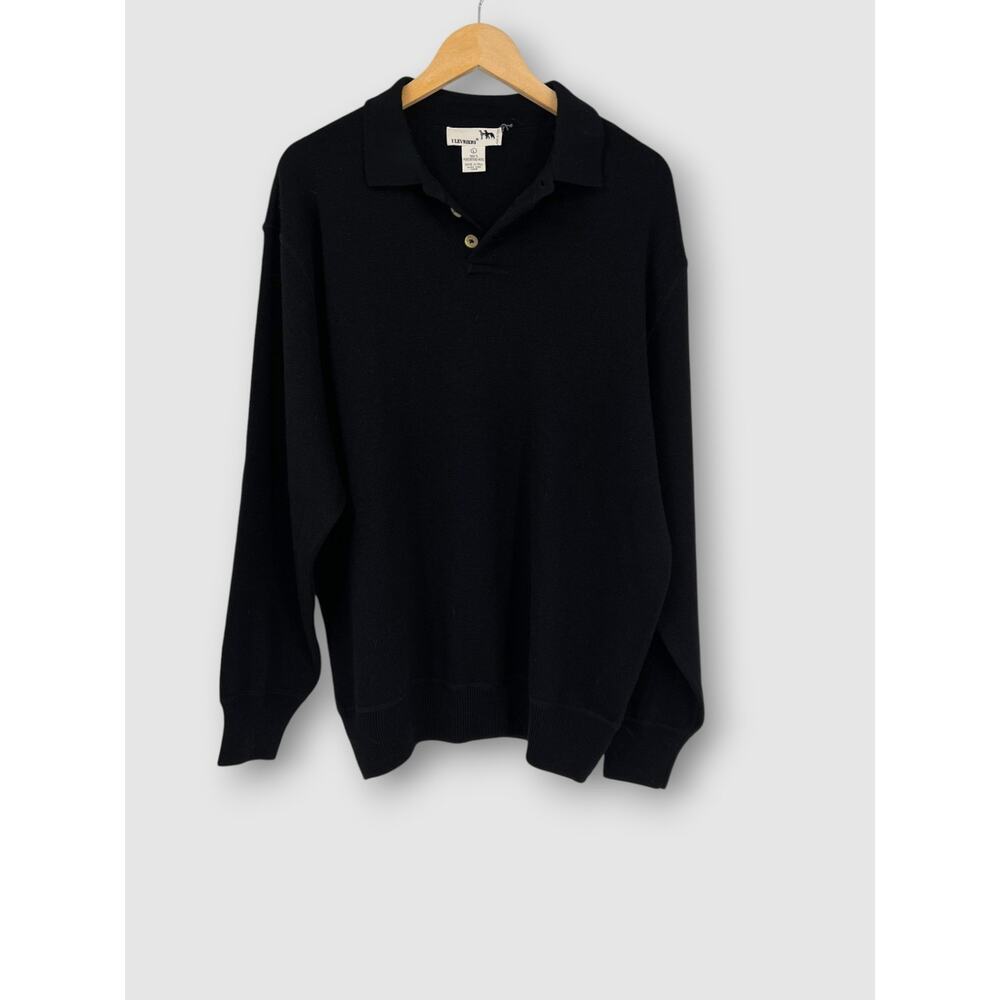 90s Vintage Italian Merino Wool Polo Sweater Black Knit Collared Pullover Large